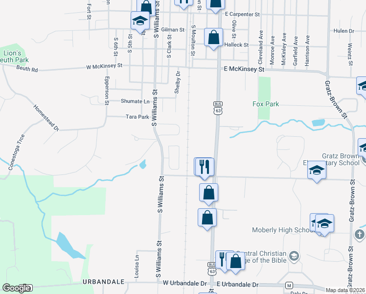 map of restaurants, bars, coffee shops, grocery stores, and more near 1242 Shepherds Drive in Moberly