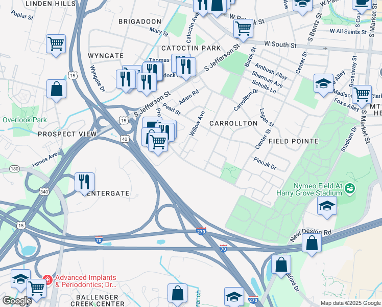 map of restaurants, bars, coffee shops, grocery stores, and more near 416 Terry Court in Frederick