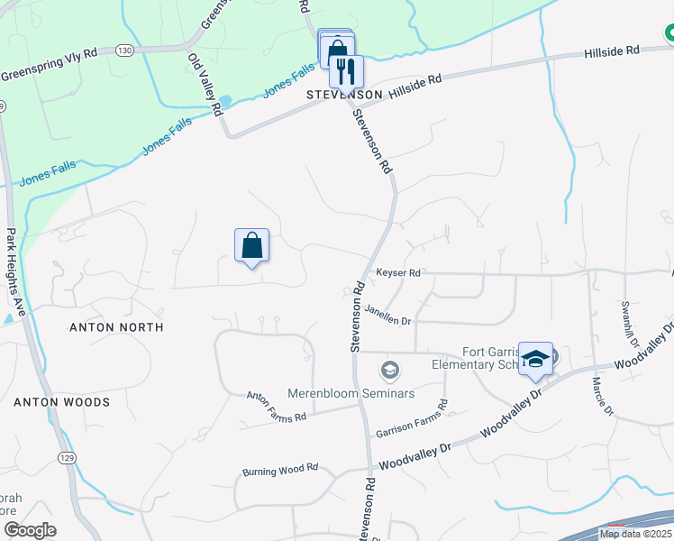 map of restaurants, bars, coffee shops, grocery stores, and more near 8432 Stevenson Road in Pikesville