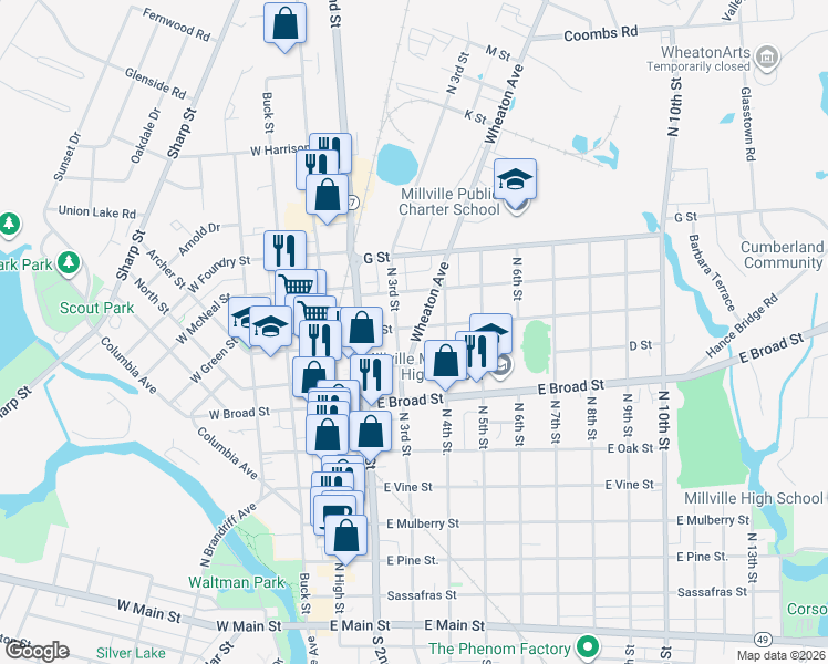 map of restaurants, bars, coffee shops, grocery stores, and more near 300 D Street in Millville