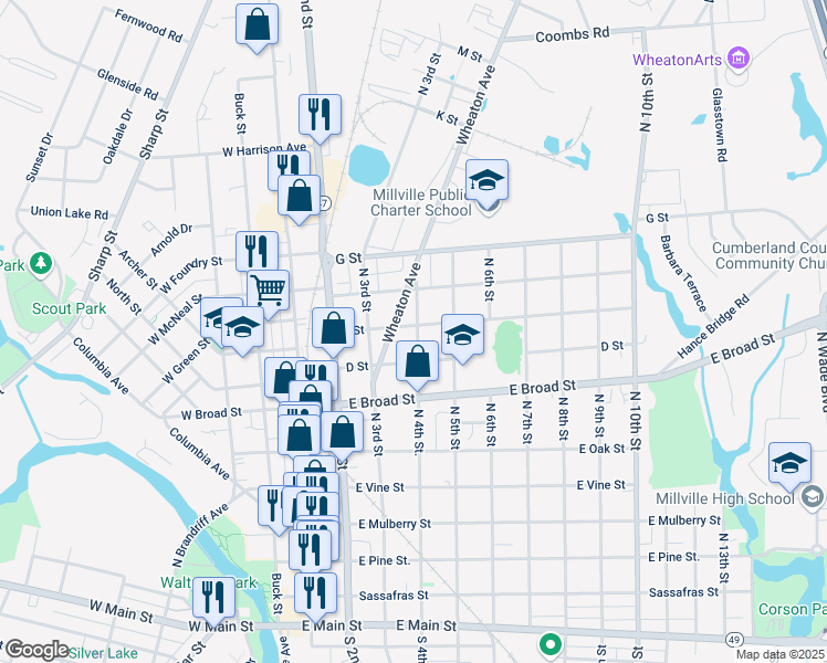 map of restaurants, bars, coffee shops, grocery stores, and more near 319 E Street in Millville
