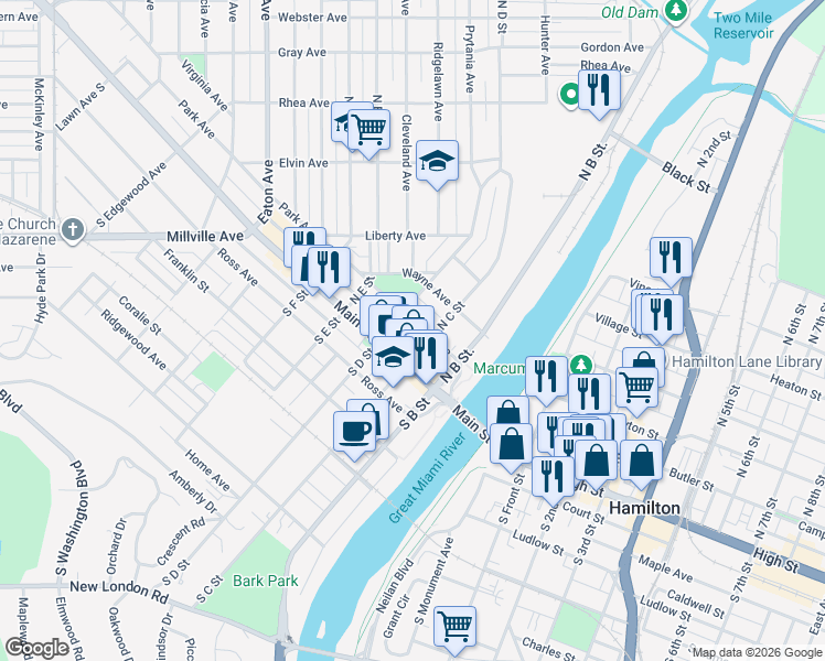 map of restaurants, bars, coffee shops, grocery stores, and more near 222 Main Street in Hamilton