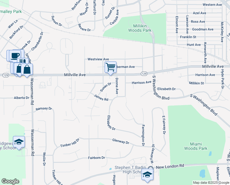 map of restaurants, bars, coffee shops, grocery stores, and more near 1025 Elizabeth Drive in Hamilton