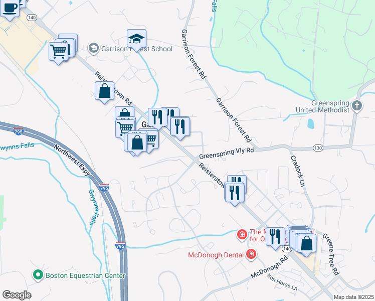 map of restaurants, bars, coffee shops, grocery stores, and more near 9603 Reisterstown Road in Garrison