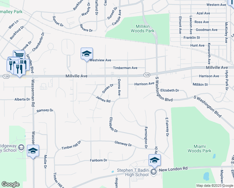 map of restaurants, bars, coffee shops, grocery stores, and more near 1025 Elizabeth Drive in Hamilton