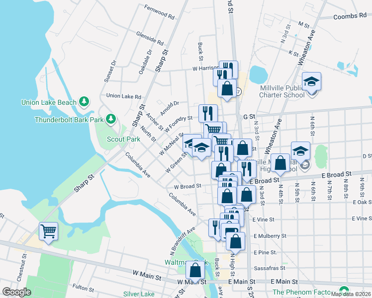 map of restaurants, bars, coffee shops, grocery stores, and more near 700 Archer Street in Millville