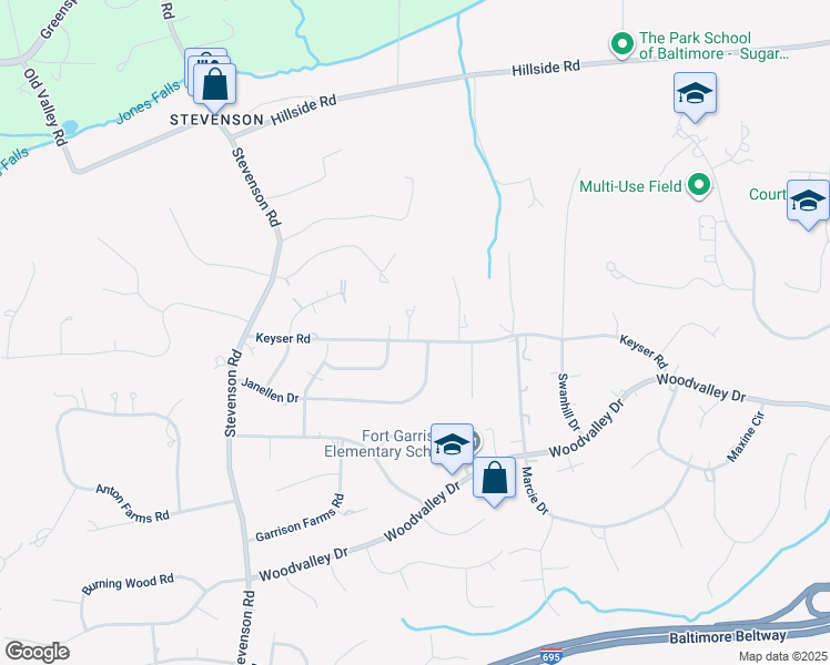 map of restaurants, bars, coffee shops, grocery stores, and more near 3402 Keyser Road in Pikesville