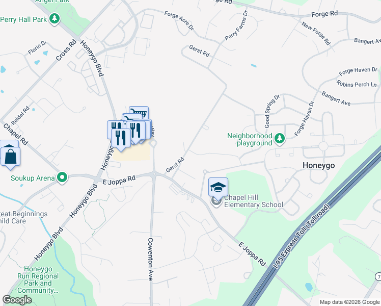 map of restaurants, bars, coffee shops, grocery stores, and more near 5103 New Gerst Lane in Perry Hall
