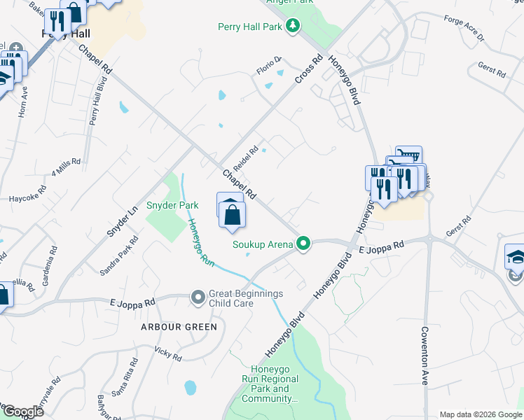map of restaurants, bars, coffee shops, grocery stores, and more near 4343 Chapel Road in Perry Hall