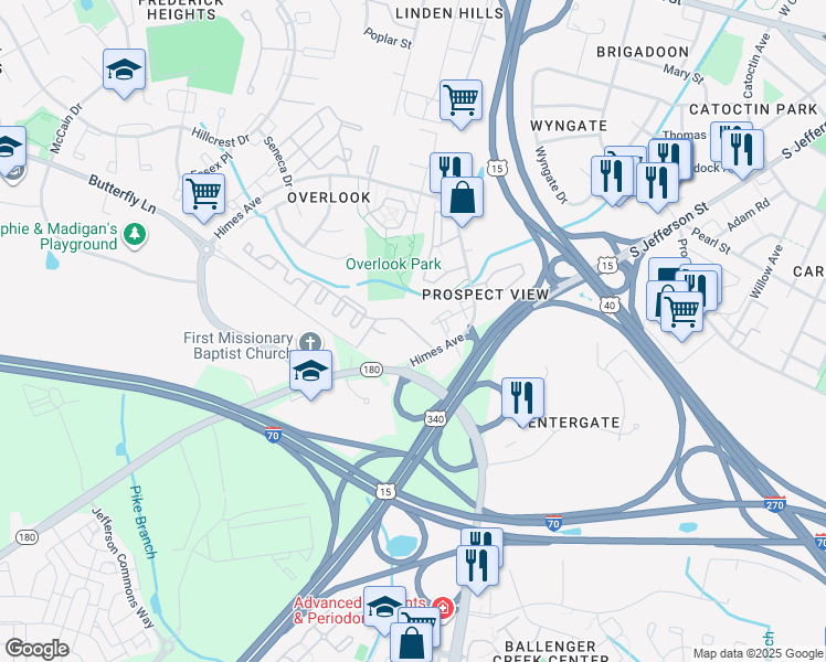 map of restaurants, bars, coffee shops, grocery stores, and more near Mansion Drive in Frederick