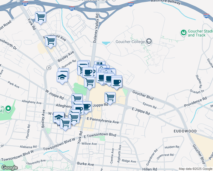 map of restaurants, bars, coffee shops, grocery stores, and more near 825 Dulaney Valley Road in Towson