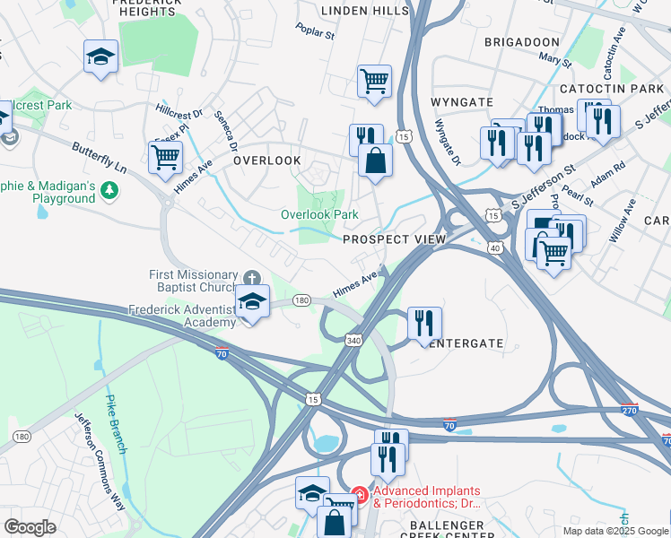 map of restaurants, bars, coffee shops, grocery stores, and more near Mansion Drive in Frederick