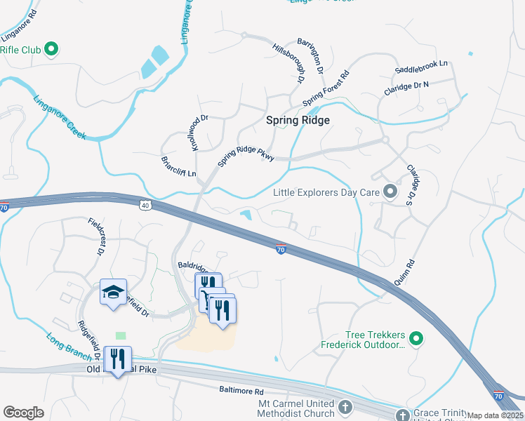map of restaurants, bars, coffee shops, grocery stores, and more near 6103 Pine Crest Lane in Frederick