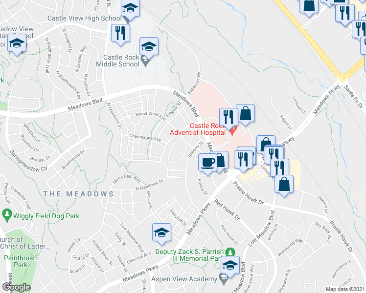 map of restaurants, bars, coffee shops, grocery stores, and more near in Castle Rock