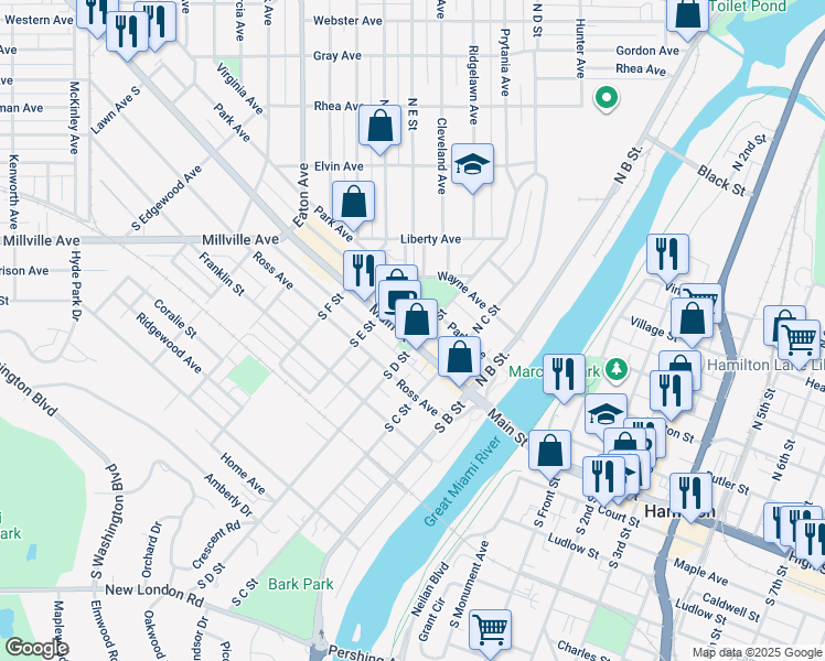 map of restaurants, bars, coffee shops, grocery stores, and more near 313 Park Avenue in Hamilton