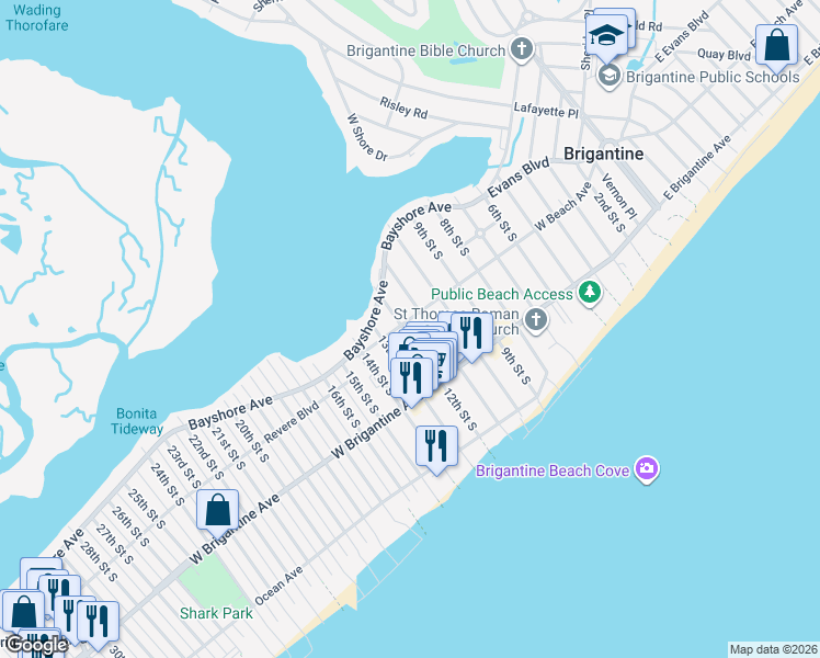 map of restaurants, bars, coffee shops, grocery stores, and more near 109 12th Street South in Brigantine