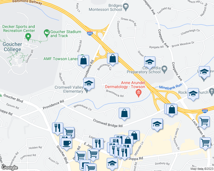 map of restaurants, bars, coffee shops, grocery stores, and more near 4 Treeway Court in Towson