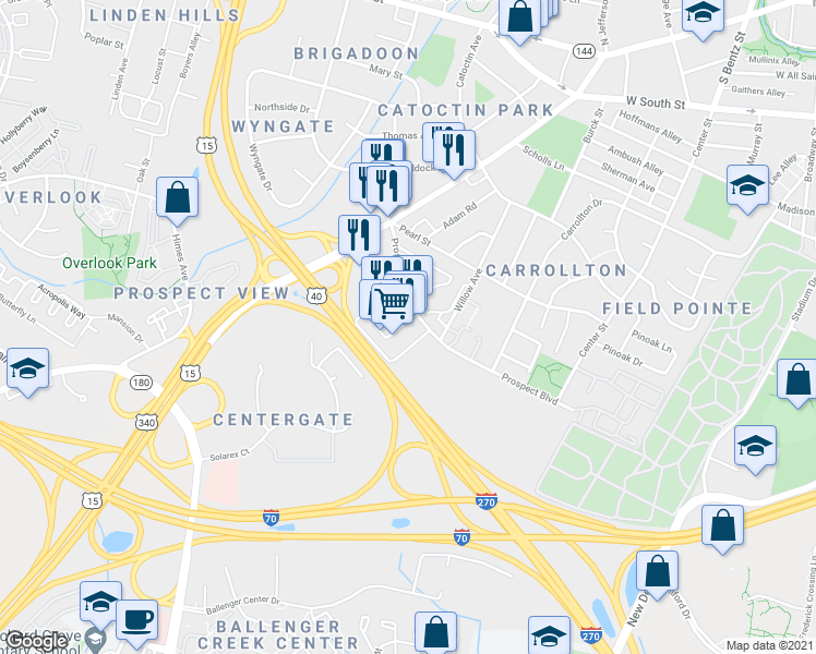 map of restaurants, bars, coffee shops, grocery stores, and more near 440 Prospect Boulevard in Frederick