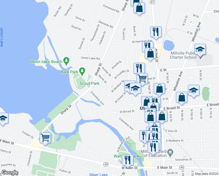 map of restaurants, bars, coffee shops, grocery stores, and more near 912 North Street in Millville