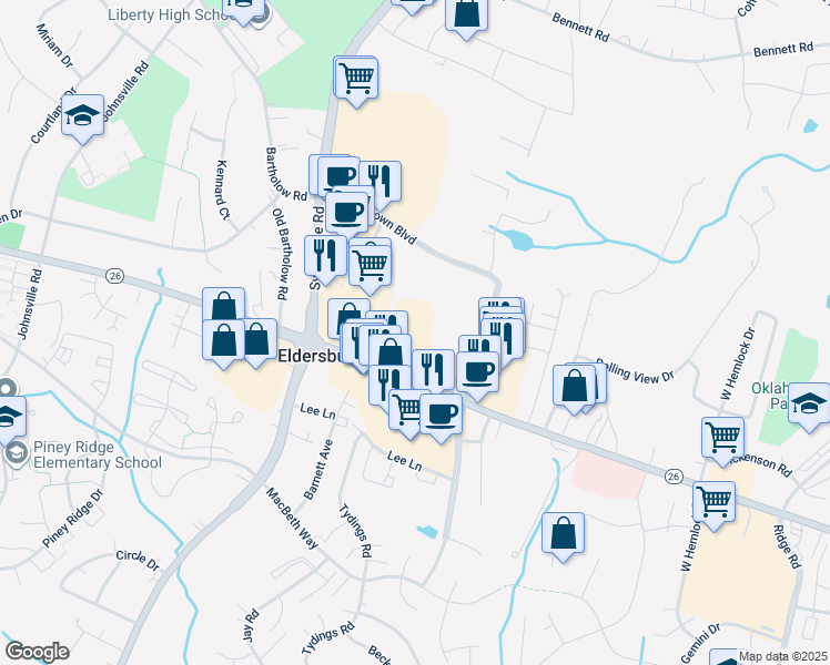 map of restaurants, bars, coffee shops, grocery stores, and more near 1350 Liberty Road in Eldersburg