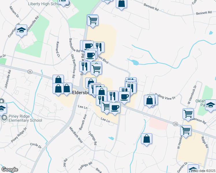 map of restaurants, bars, coffee shops, grocery stores, and more near 1350 Liberty Road in Eldersburg