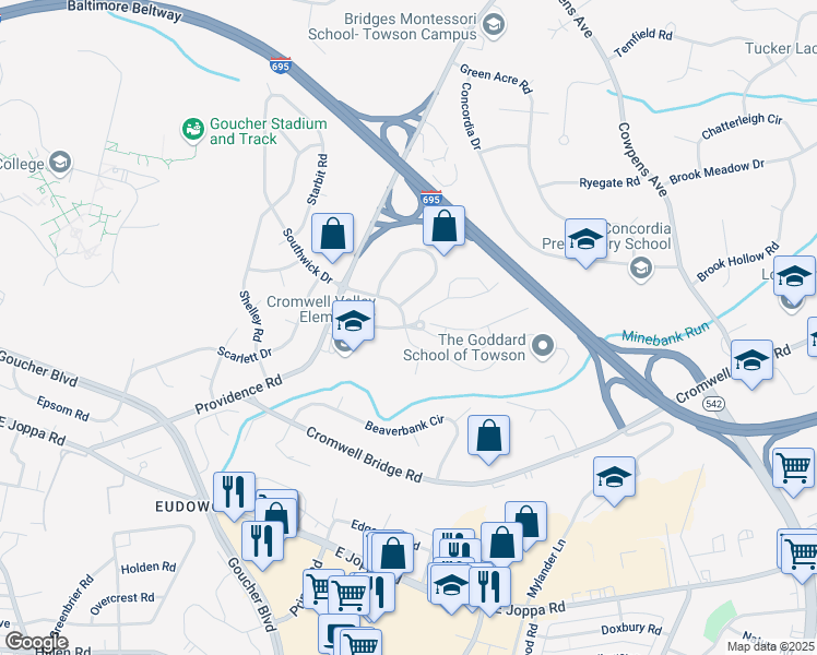 map of restaurants, bars, coffee shops, grocery stores, and more near 15 Treeway Court in Towson