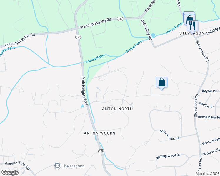 map of restaurants, bars, coffee shops, grocery stores, and more near 16 Merry Hill Court in Pikesville