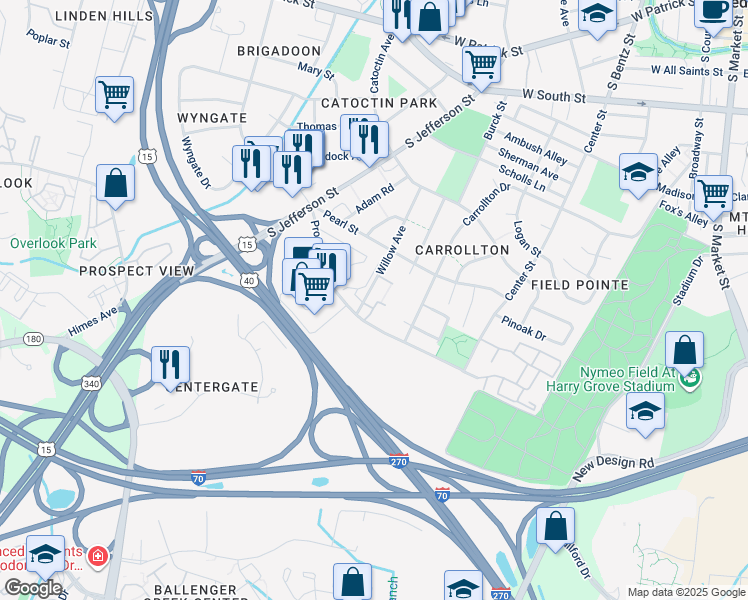 map of restaurants, bars, coffee shops, grocery stores, and more near 435 Terry Court in Frederick