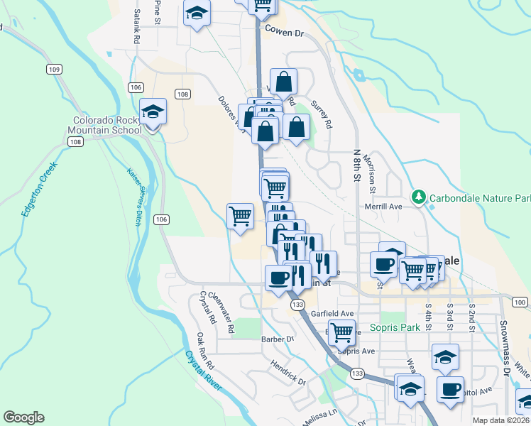 map of restaurants, bars, coffee shops, grocery stores, and more near 751 Colorado 133 in Carbondale