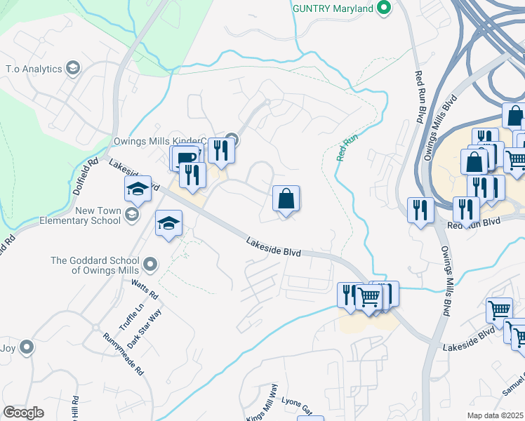 map of restaurants, bars, coffee shops, grocery stores, and more near 4609 Mews Drive in Owings Mills