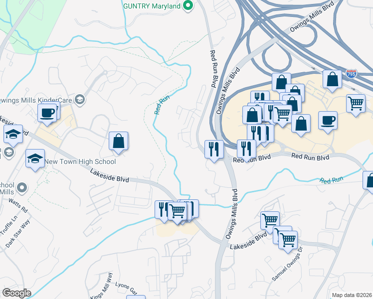 map of restaurants, bars, coffee shops, grocery stores, and more near 9376 Esplanade Court in Owings Mills