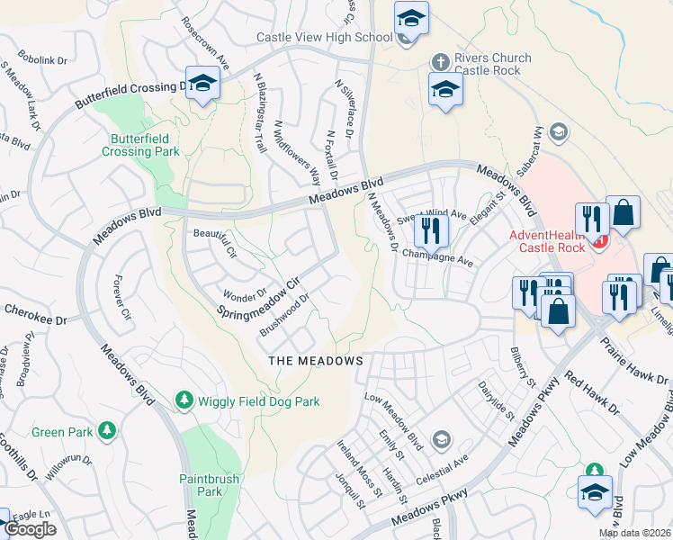 map of restaurants, bars, coffee shops, grocery stores, and more near 3205 Brushwood Drive in Castle Rock