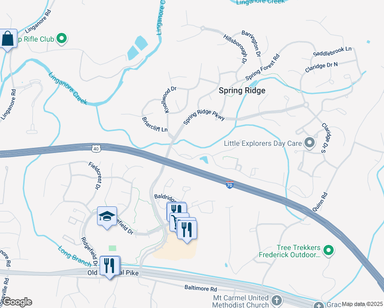 map of restaurants, bars, coffee shops, grocery stores, and more near 9034 Elkridge Lane in Frederick