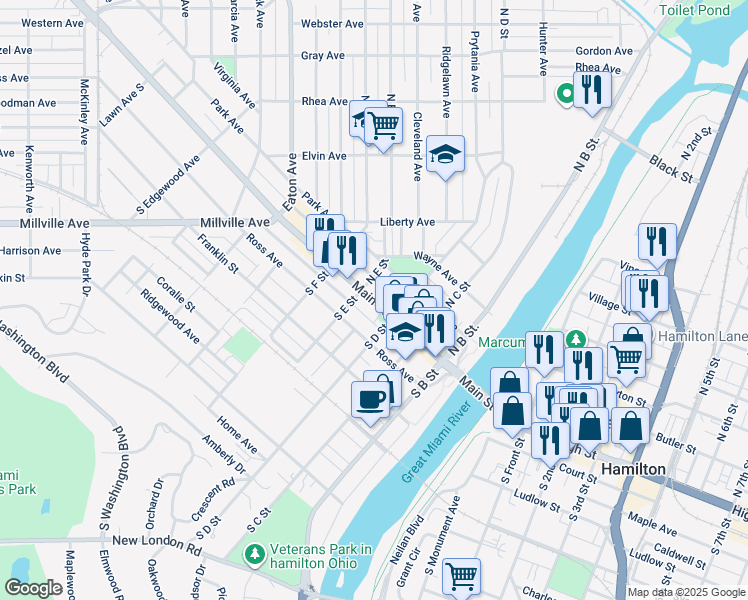 map of restaurants, bars, coffee shops, grocery stores, and more near 16 North E Street in Hamilton