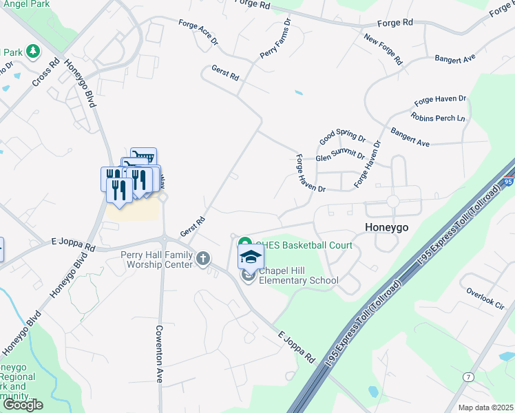 map of restaurants, bars, coffee shops, grocery stores, and more near 5124 New Gerst Lane in Perry Hall