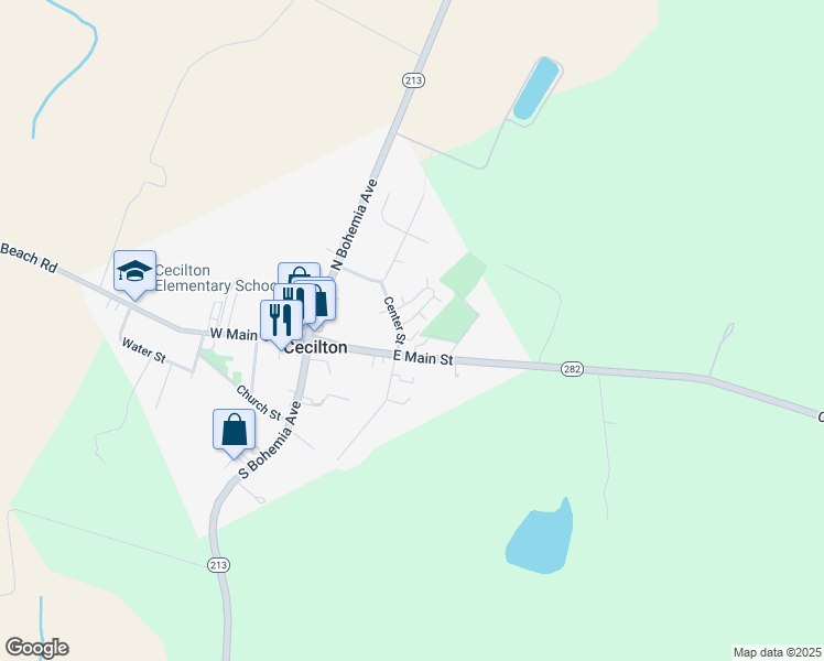 map of restaurants, bars, coffee shops, grocery stores, and more near 203 East Main Street in Cecilton