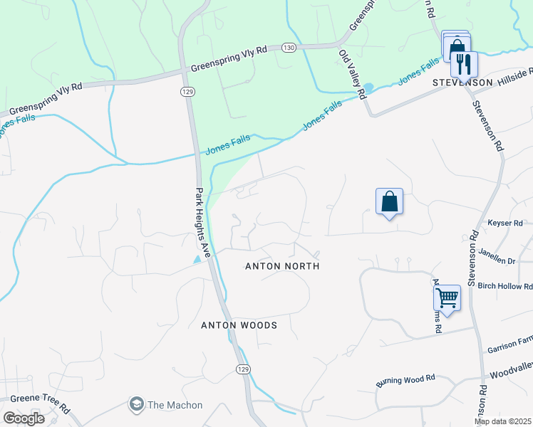 map of restaurants, bars, coffee shops, grocery stores, and more near 16 Merry Hill Court in Pikesville