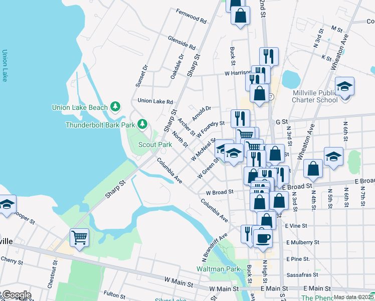 map of restaurants, bars, coffee shops, grocery stores, and more near 218 West Foundry Street in Millville