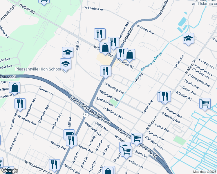 map of restaurants, bars, coffee shops, grocery stores, and more near 419 West Reading Avenue in Pleasantville
