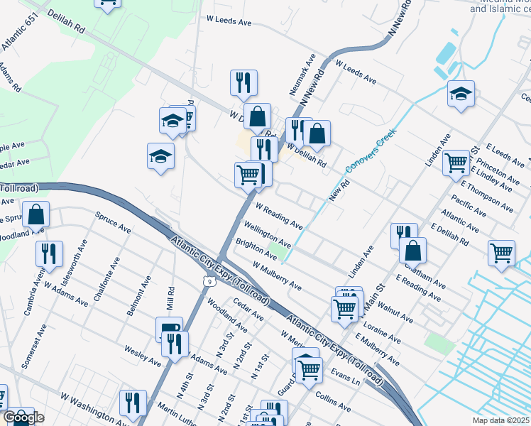 map of restaurants, bars, coffee shops, grocery stores, and more near 419 West Reading Avenue in Pleasantville