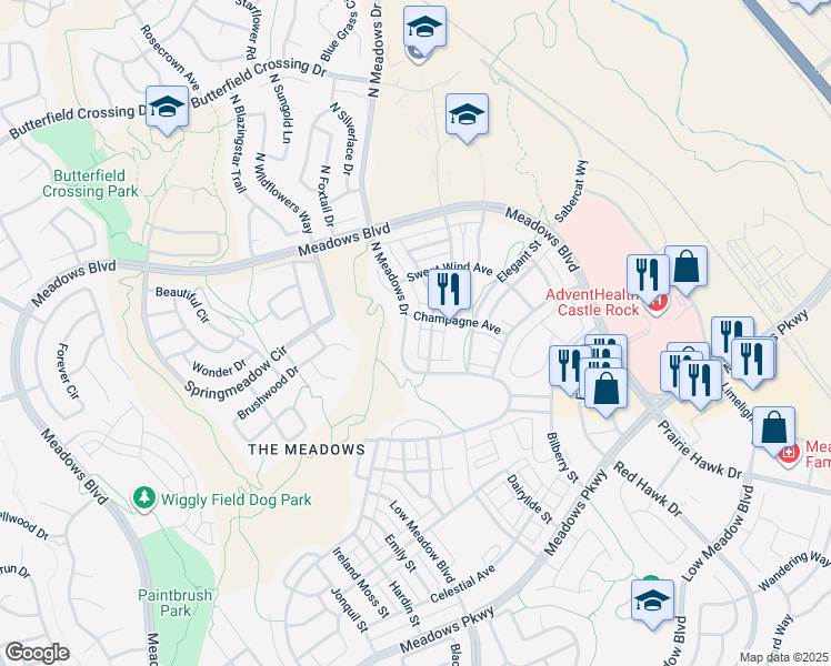 map of restaurants, bars, coffee shops, grocery stores, and more near 4332 North Meadows Drive in Castle Rock
