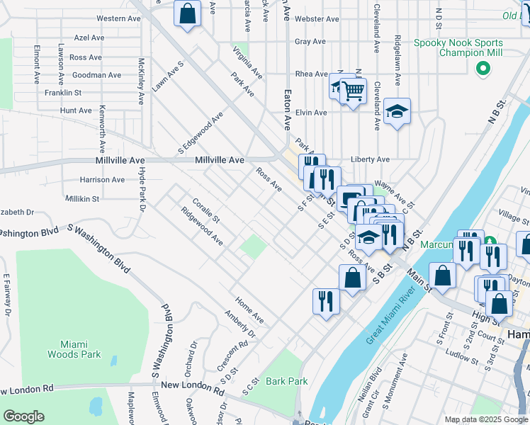 map of restaurants, bars, coffee shops, grocery stores, and more near 551 Franklin Street in Hamilton