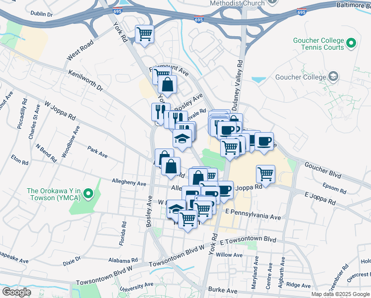 map of restaurants, bars, coffee shops, grocery stores, and more near 714 York Road in Towson