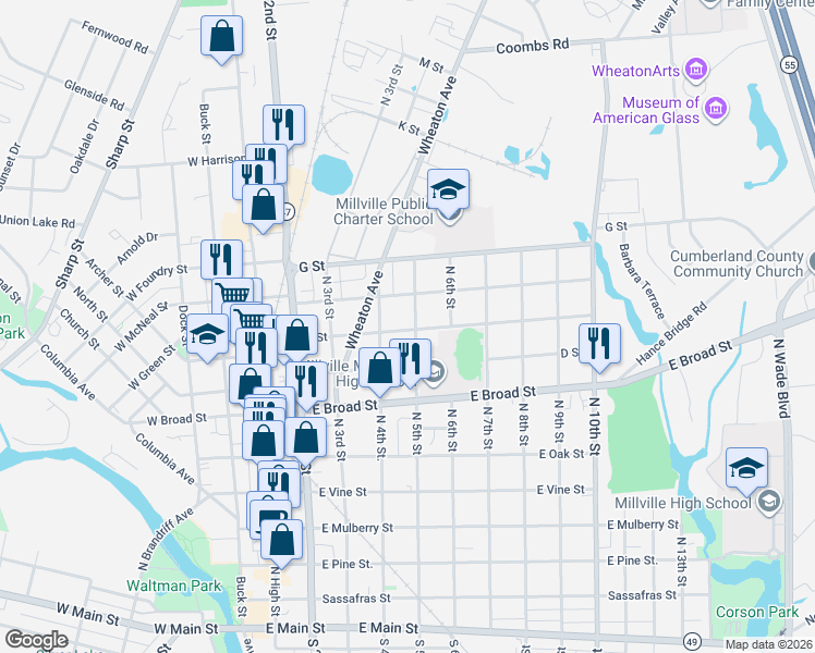 map of restaurants, bars, coffee shops, grocery stores, and more near 809 North 5th Street in Millville