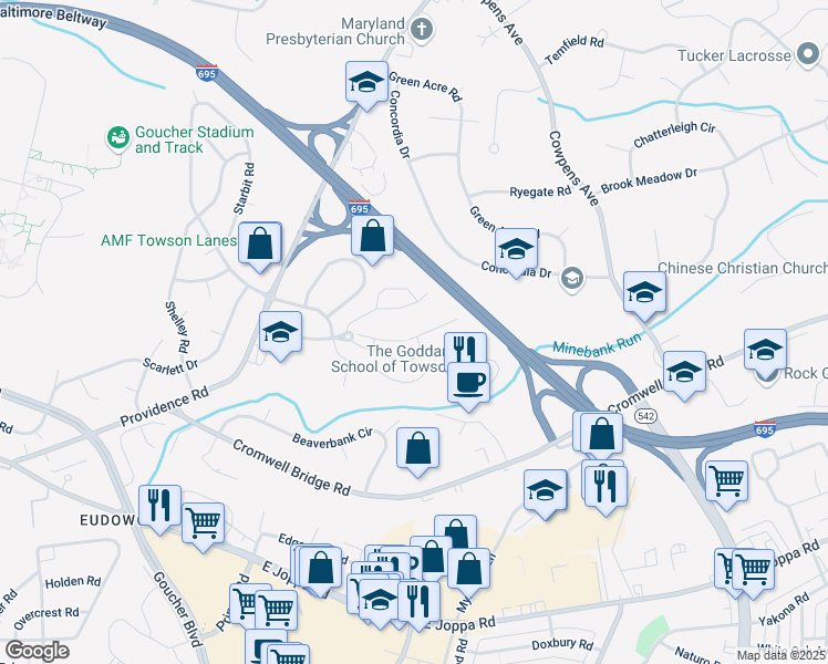 map of restaurants, bars, coffee shops, grocery stores, and more near 12 Treeway Court in Towson