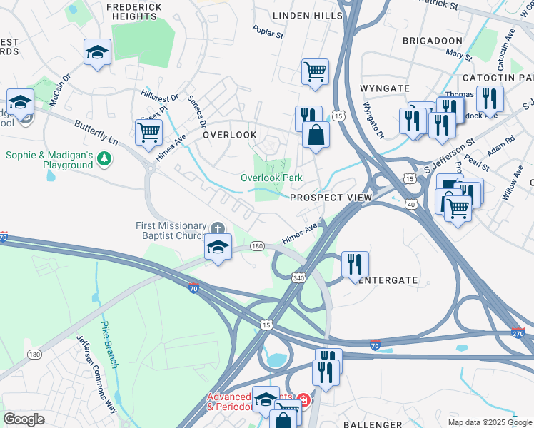 map of restaurants, bars, coffee shops, grocery stores, and more near 889 Butterfly Lane in Frederick