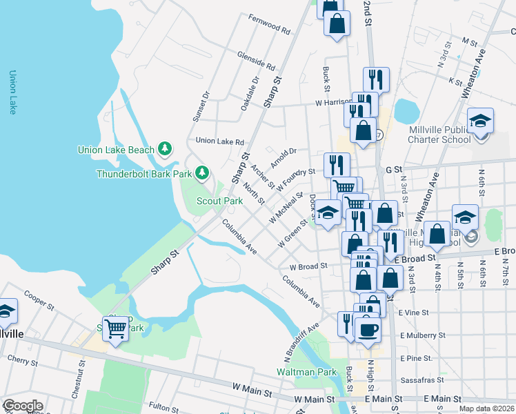 map of restaurants, bars, coffee shops, grocery stores, and more near 308 West Foundry Street in Millville