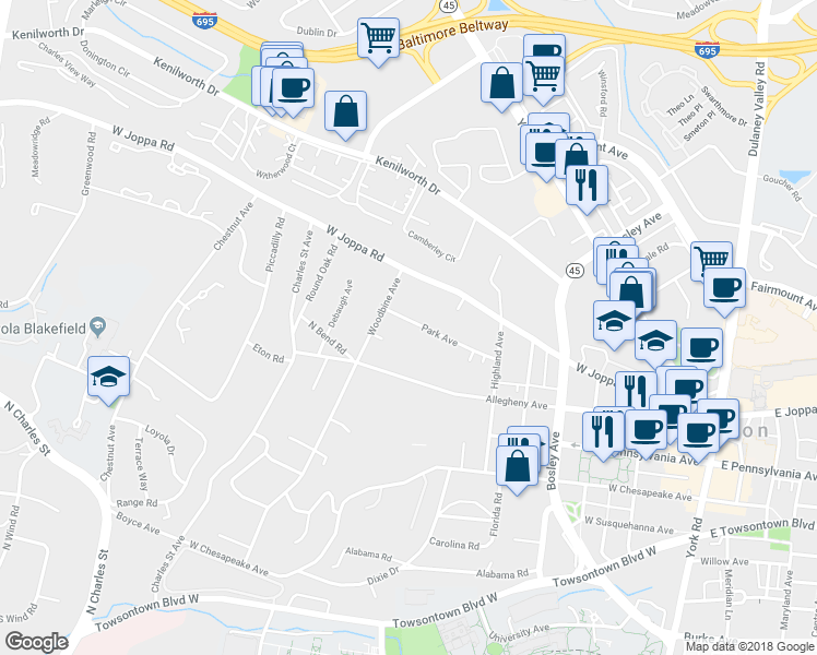 map of restaurants, bars, coffee shops, grocery stores, and more near 533 Park Avenue in Towson
