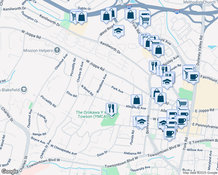 map of restaurants, bars, coffee shops, grocery stores, and more near 533 Park Avenue in Towson