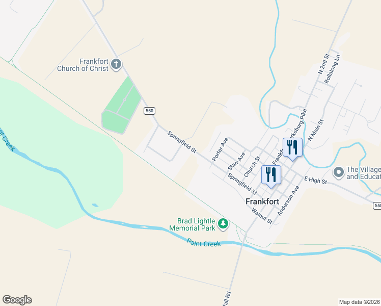 map of restaurants, bars, coffee shops, grocery stores, and more near 4080 County Road 550 in Frankfort
